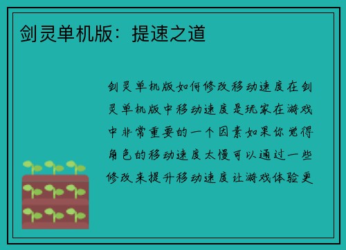 剑灵单机版：提速之道